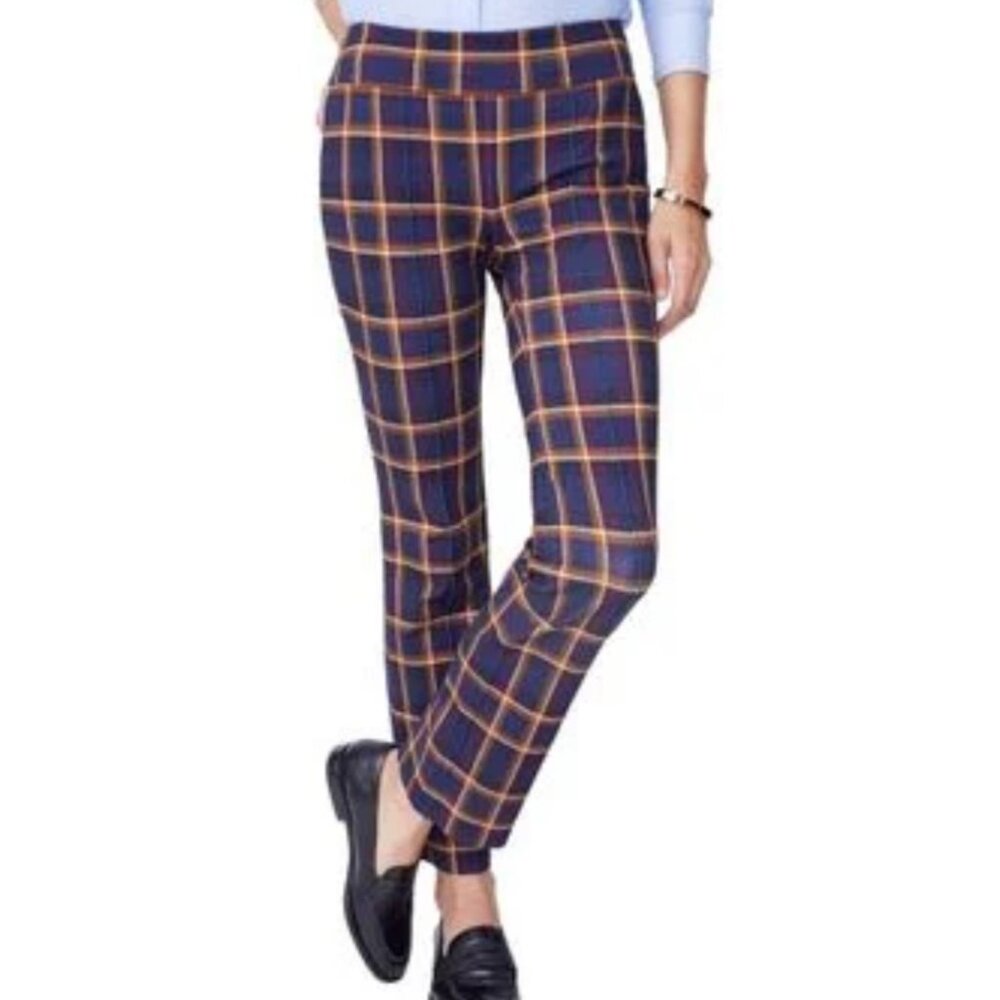 J McLaughlin Rylie‎ Navy & Orange Plaid Pants Size XS Stretchy Slim Fit